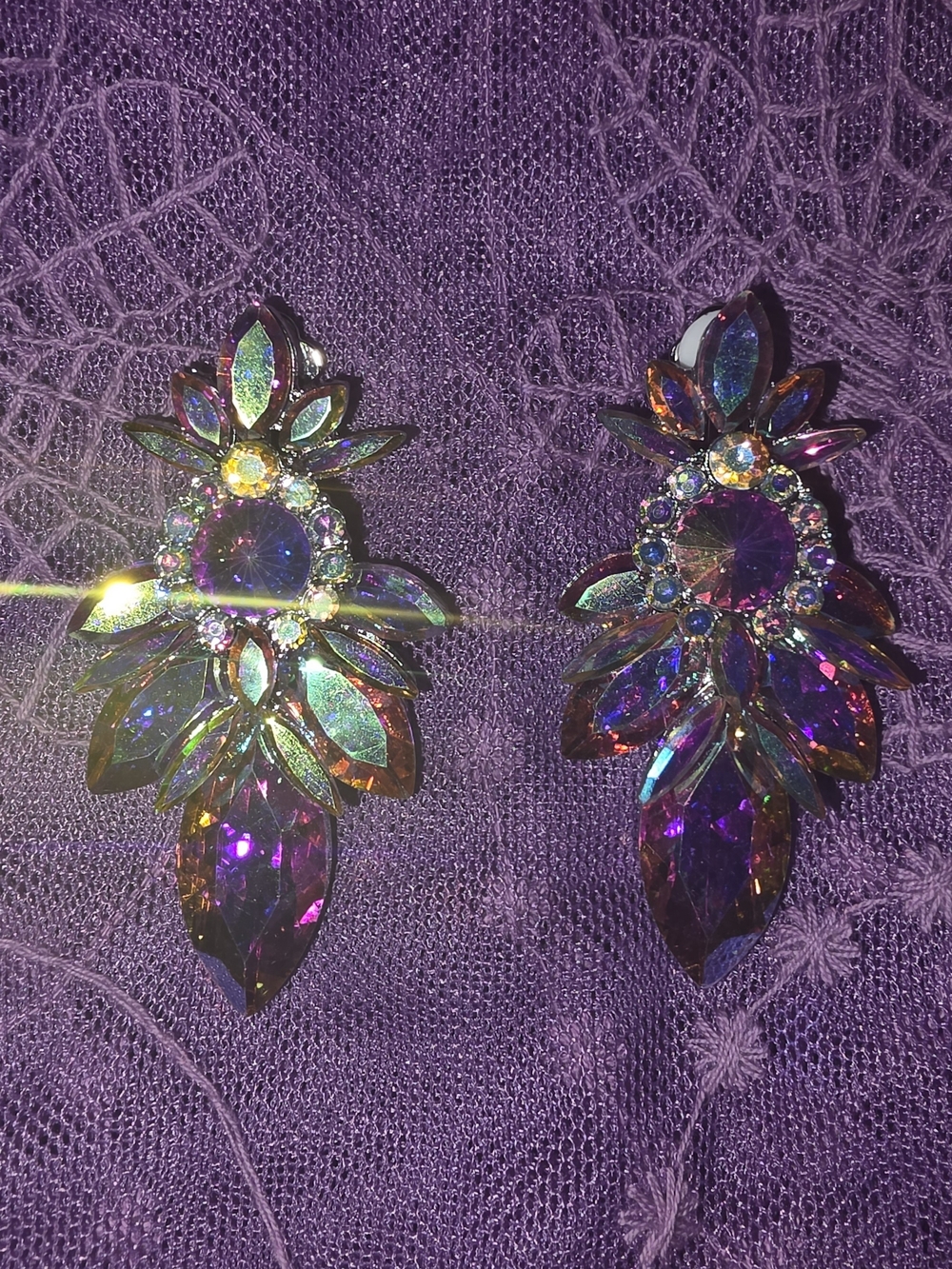 Iridescent Purple Crystal Drop Earrings/ Silvertone Backing $30 NWOB
